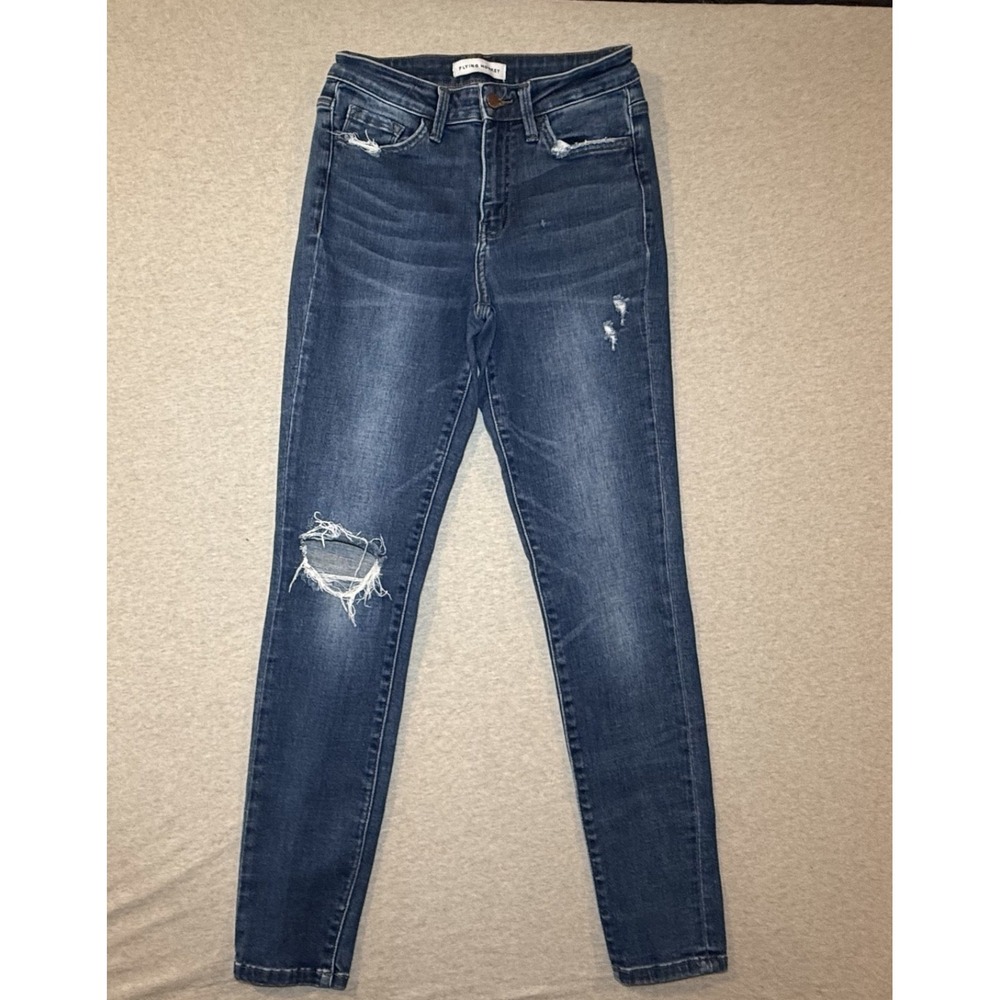 Flying Monkey. Dark wash. distressed blue jeans. woman size 27